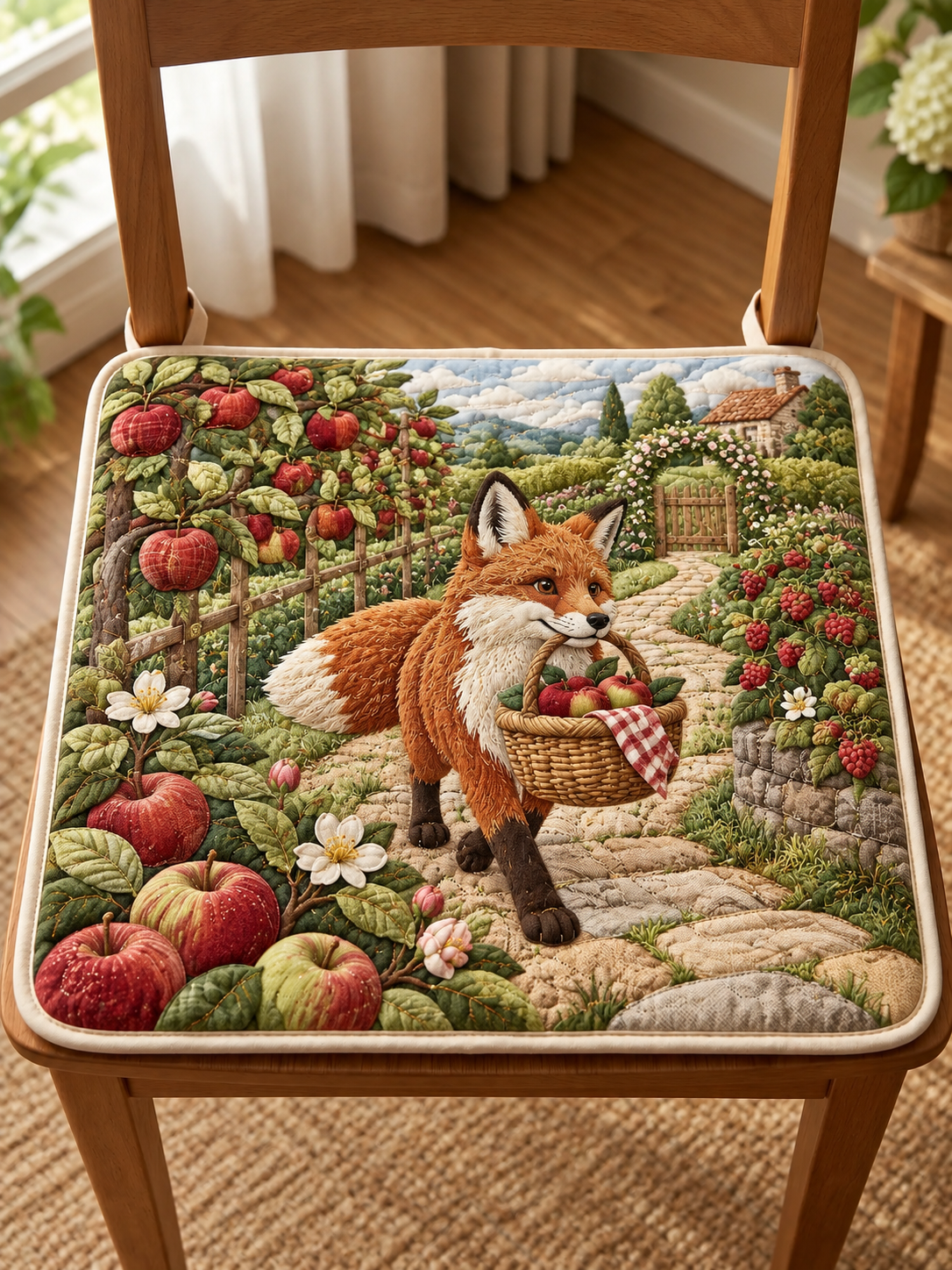 Apple Orchard Fox Quilted Chair Cushion