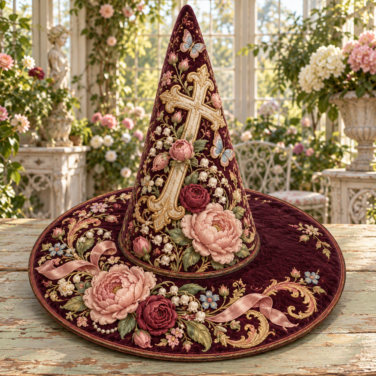 Burgundy Rose Cross Quilted Witch Hat