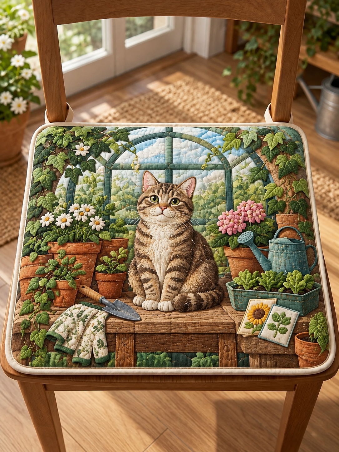 Greenhouse Tabby Cat Quilted Chair Cushion