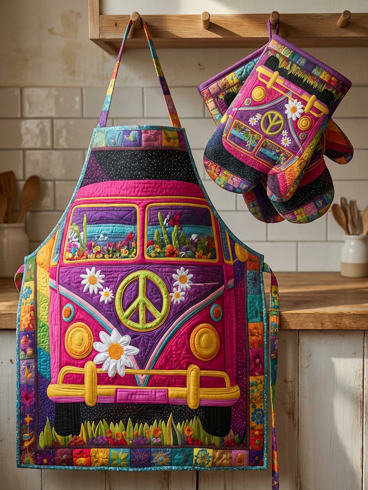 Hippie Van Quilted Apron Set (2-Piece) – Padded Apron + Heat-Resistant Oven Mitts