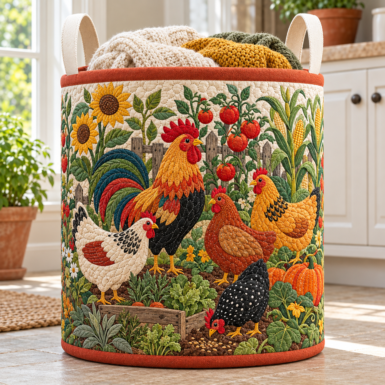 Farm Rooster Harvest Quilted Laundry Basket