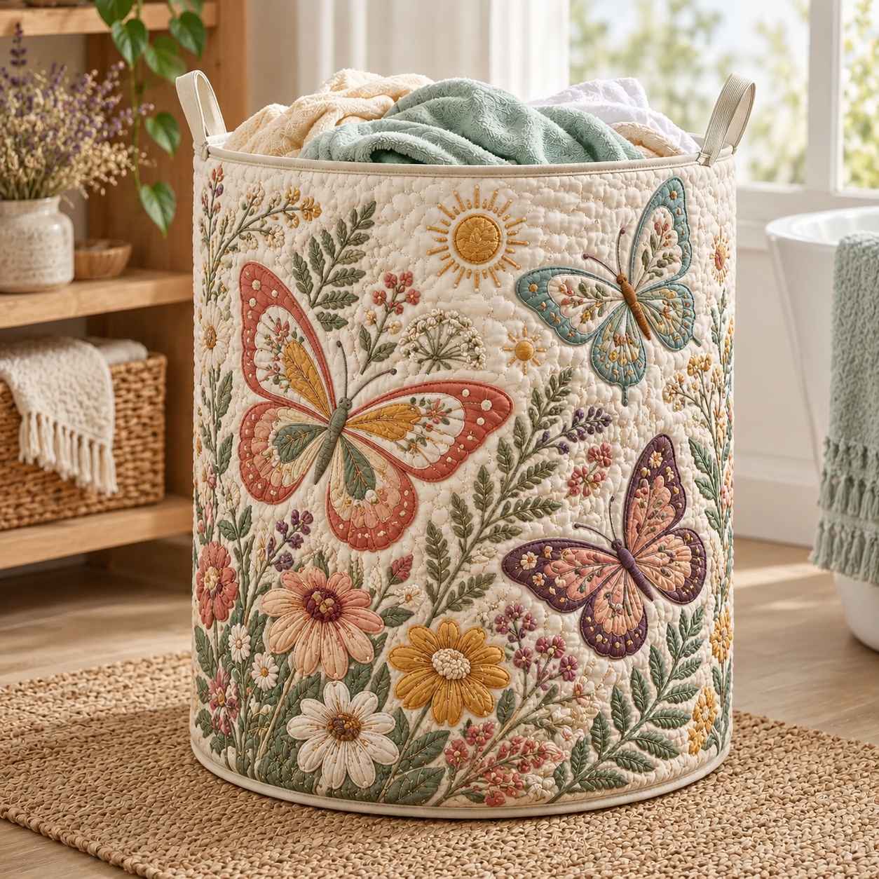 Butterfly Wildflower Garden Quilted Laundry Basket