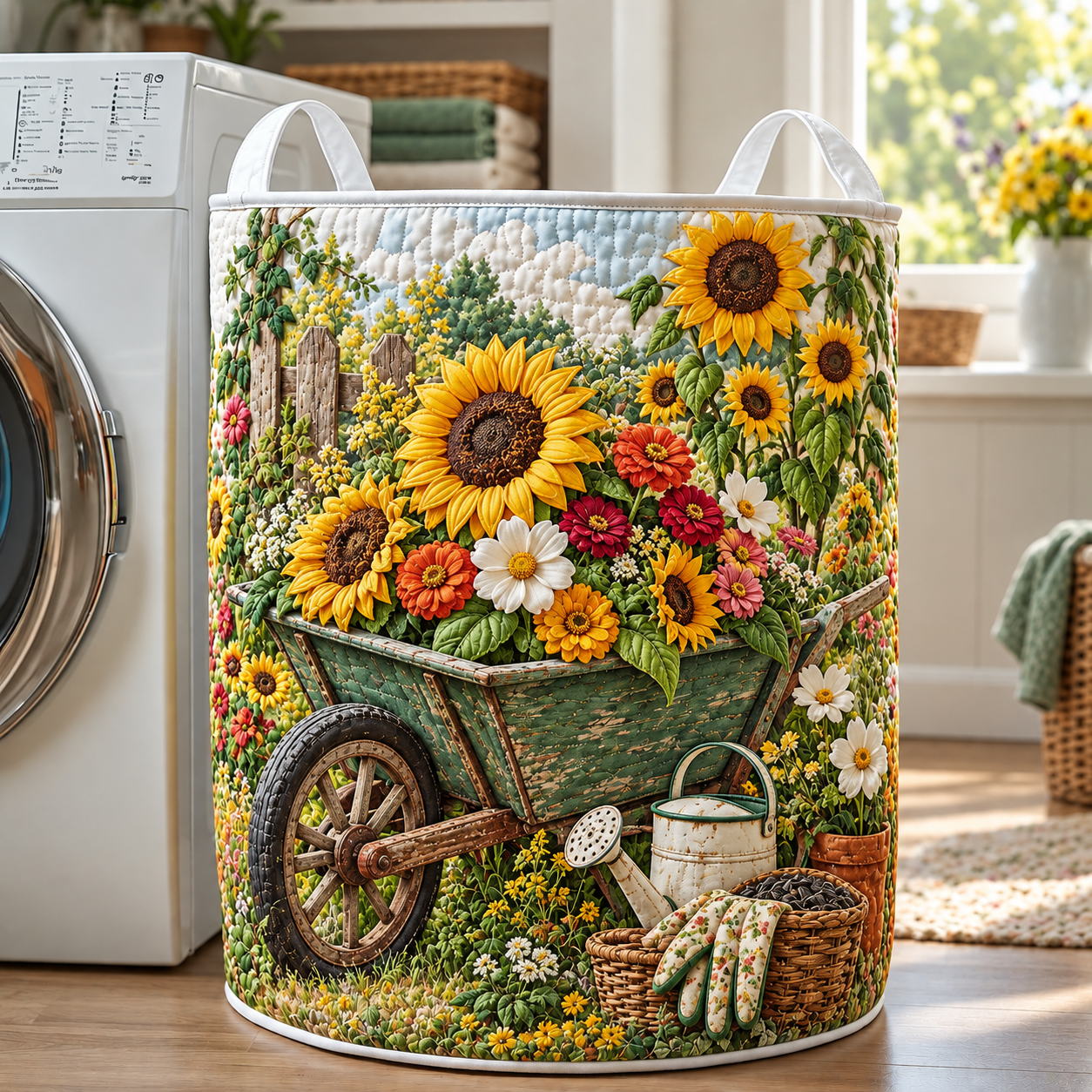 Sunflower Wheelbarrow Garden Quilted Laundry Basket