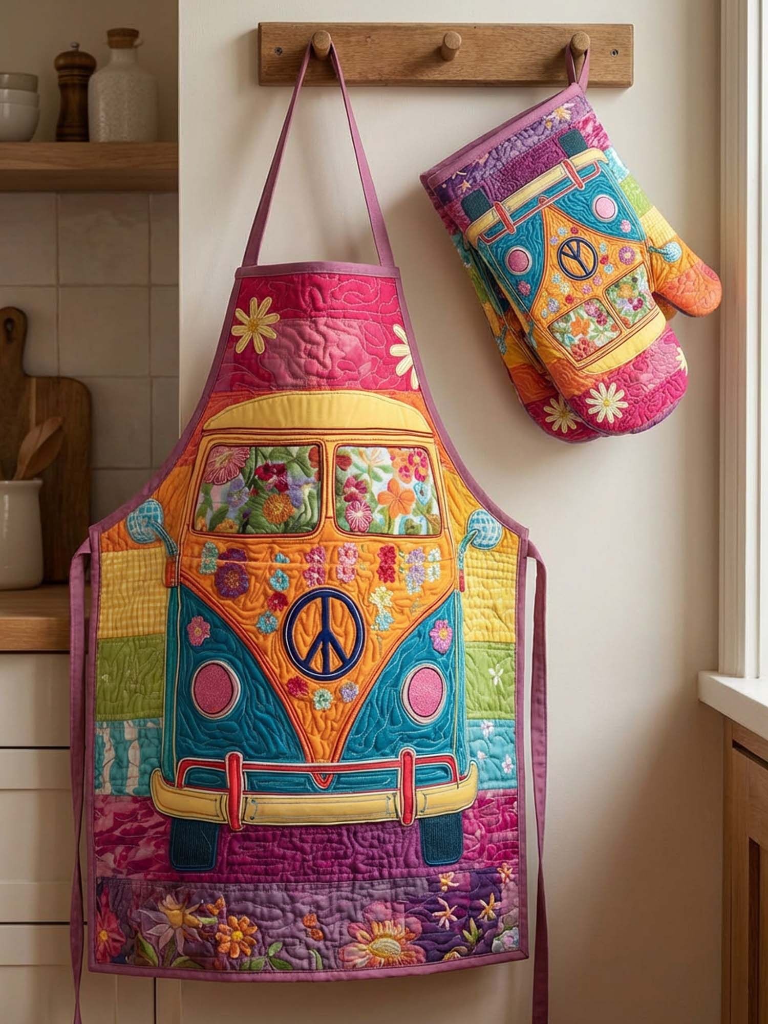 Hippie Van Quilted Apron Set (2-Piece) – Padded Apron + Heat-Resistant Oven Mitts