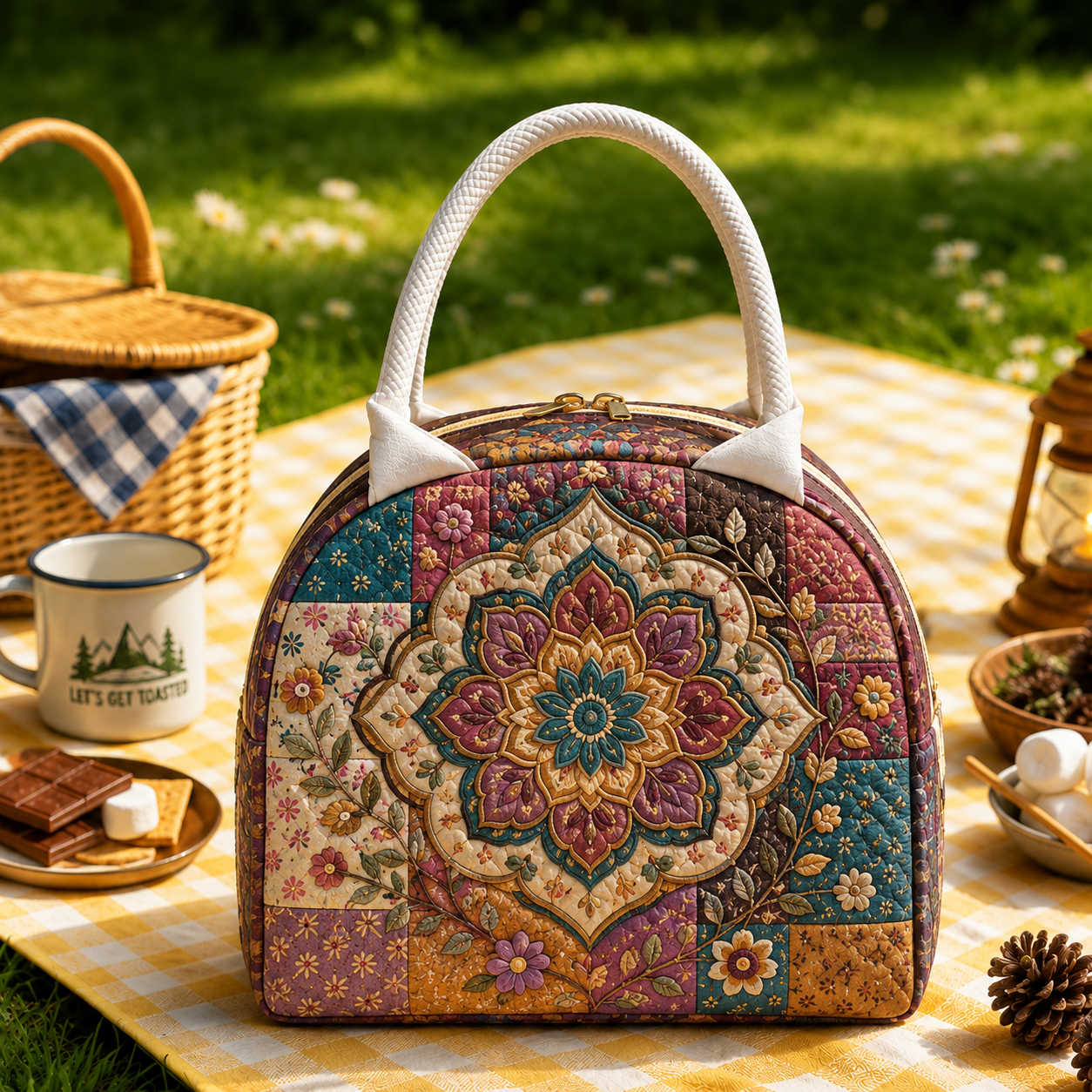 Boho Floral Mandala Quilted Lunch Bag