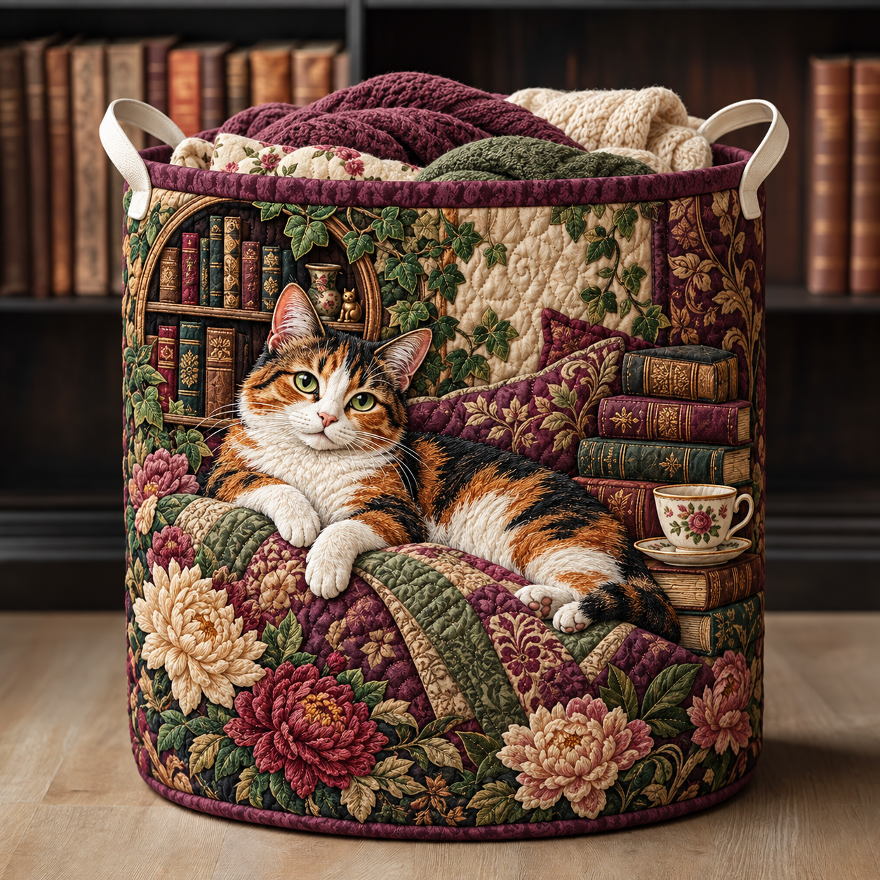 Calico Cat Floral Reading Nook Quilted Laundry Basket