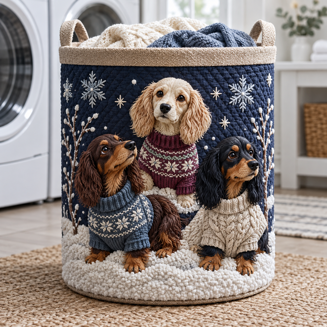 Snowy Winter Dog Family Quilted Laundry Basket