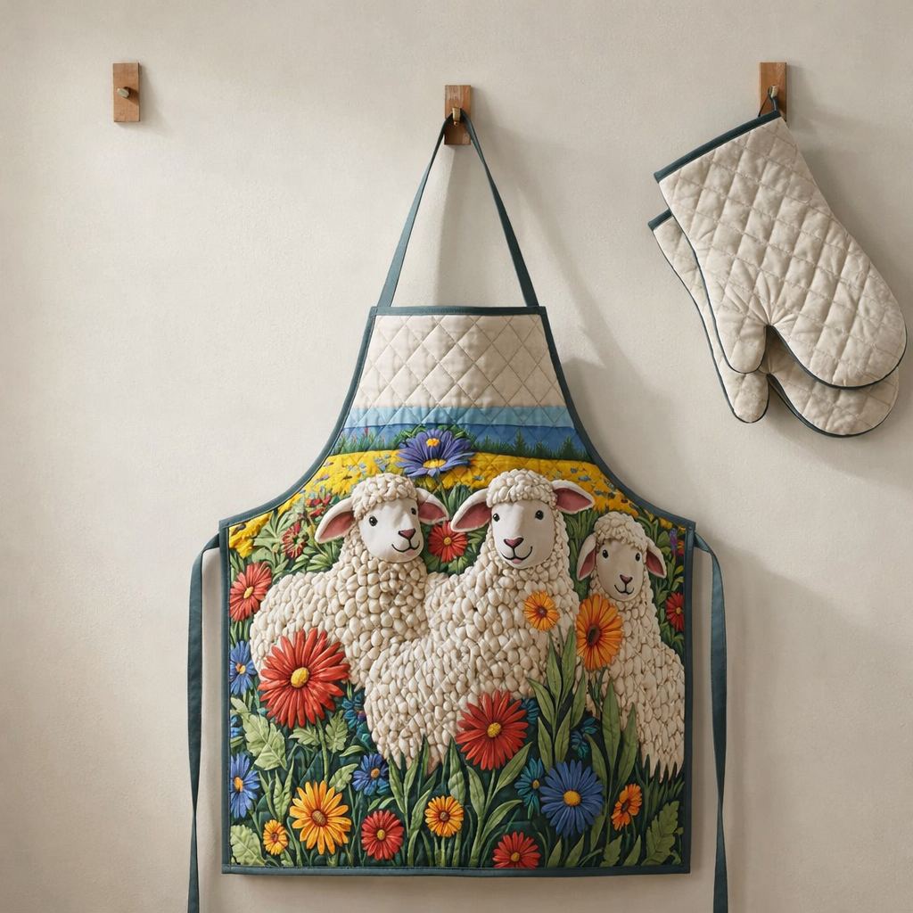 Sheep Quilted Apron Set (2-Piece) – Padded Apron + Heat-Resistant Oven Mitts