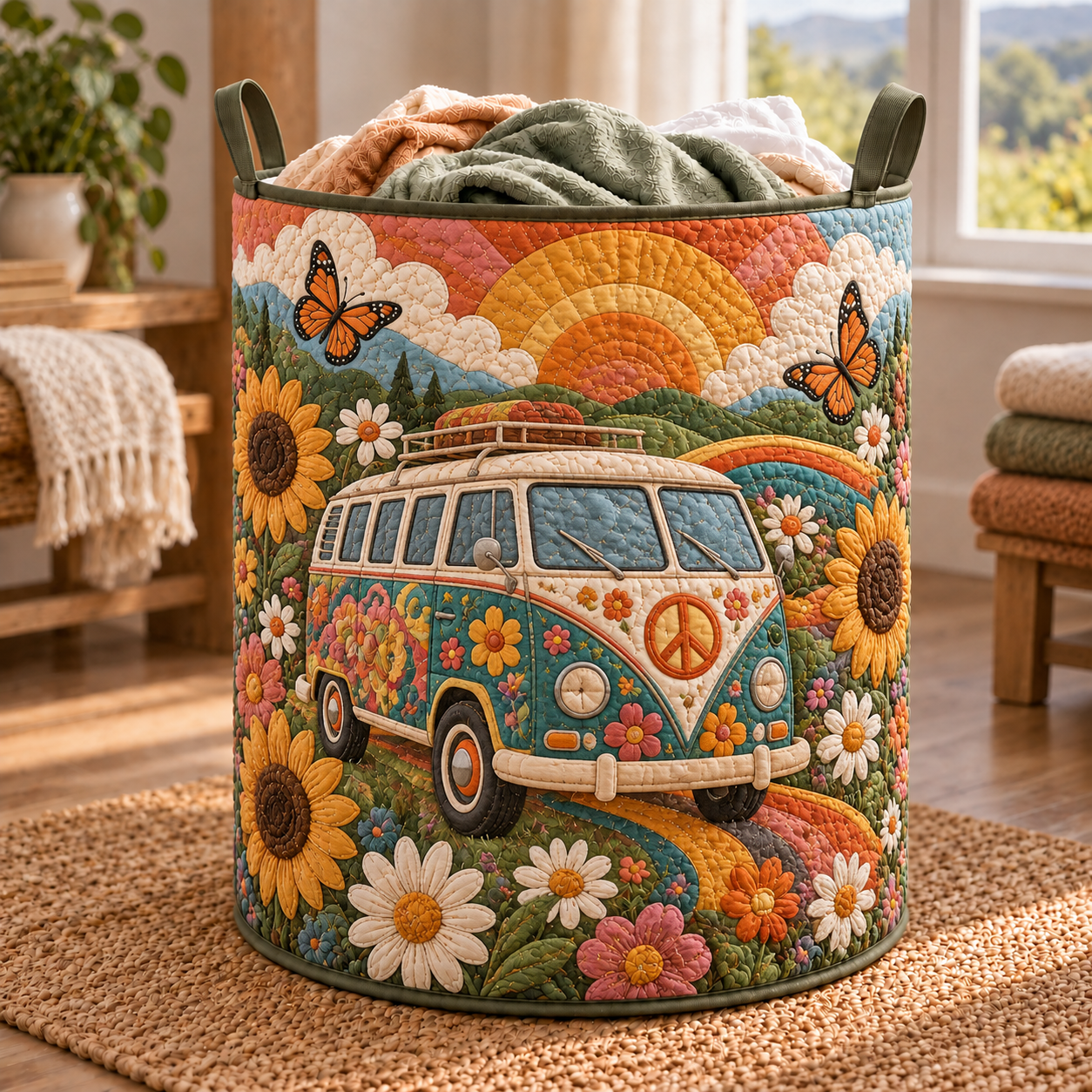 Sunset Floral Camper Van Quilted Laundry Basket