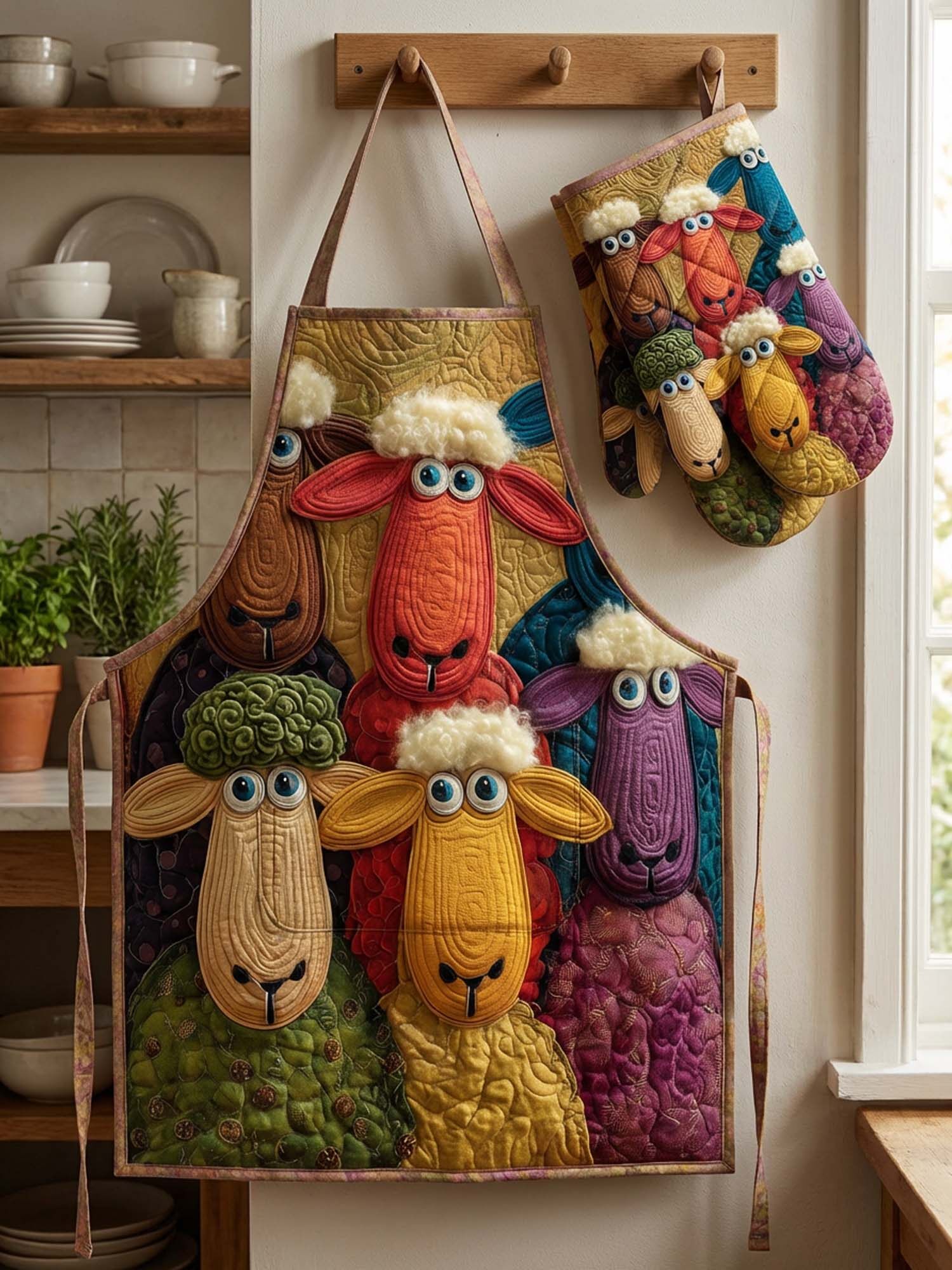 Cute Sheep Quilted Apron Set (2-Piece) – Padded Apron + Heat-Resistant Oven Mitts