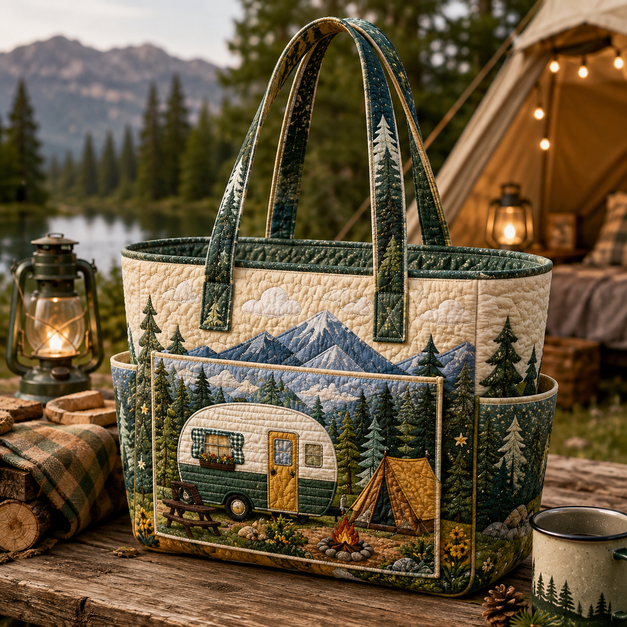 Vintage Camper Forest Multiple Pockets Quilted Tote Bag