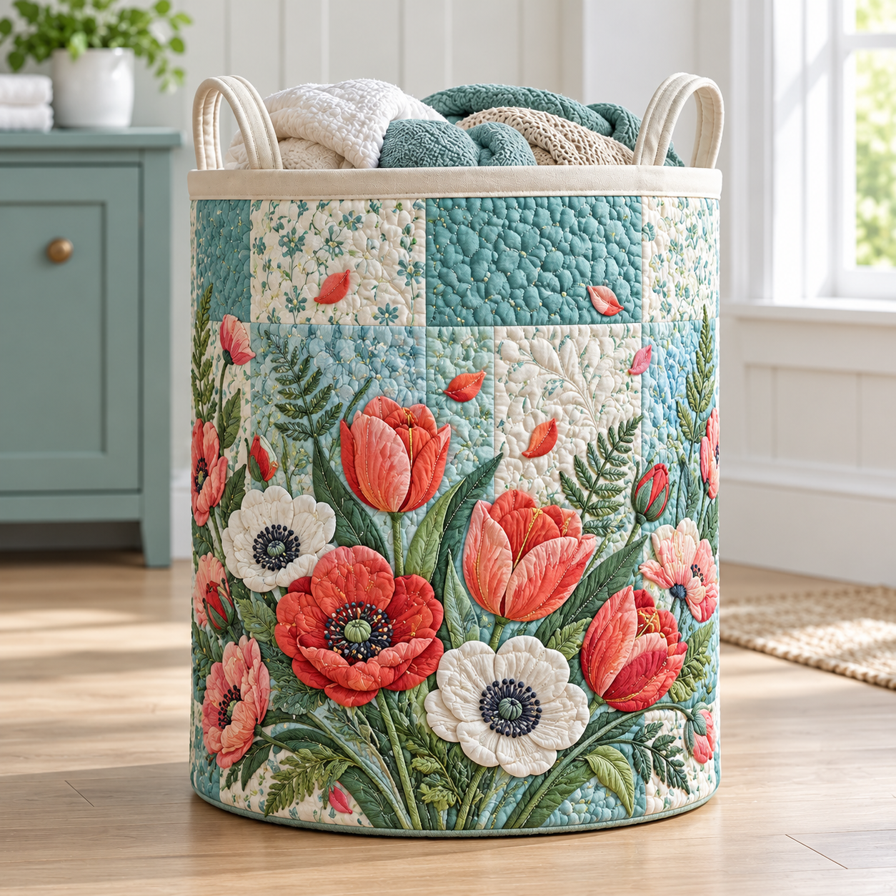Tulip Poppy Spring Garden Quilted Laundry Basket