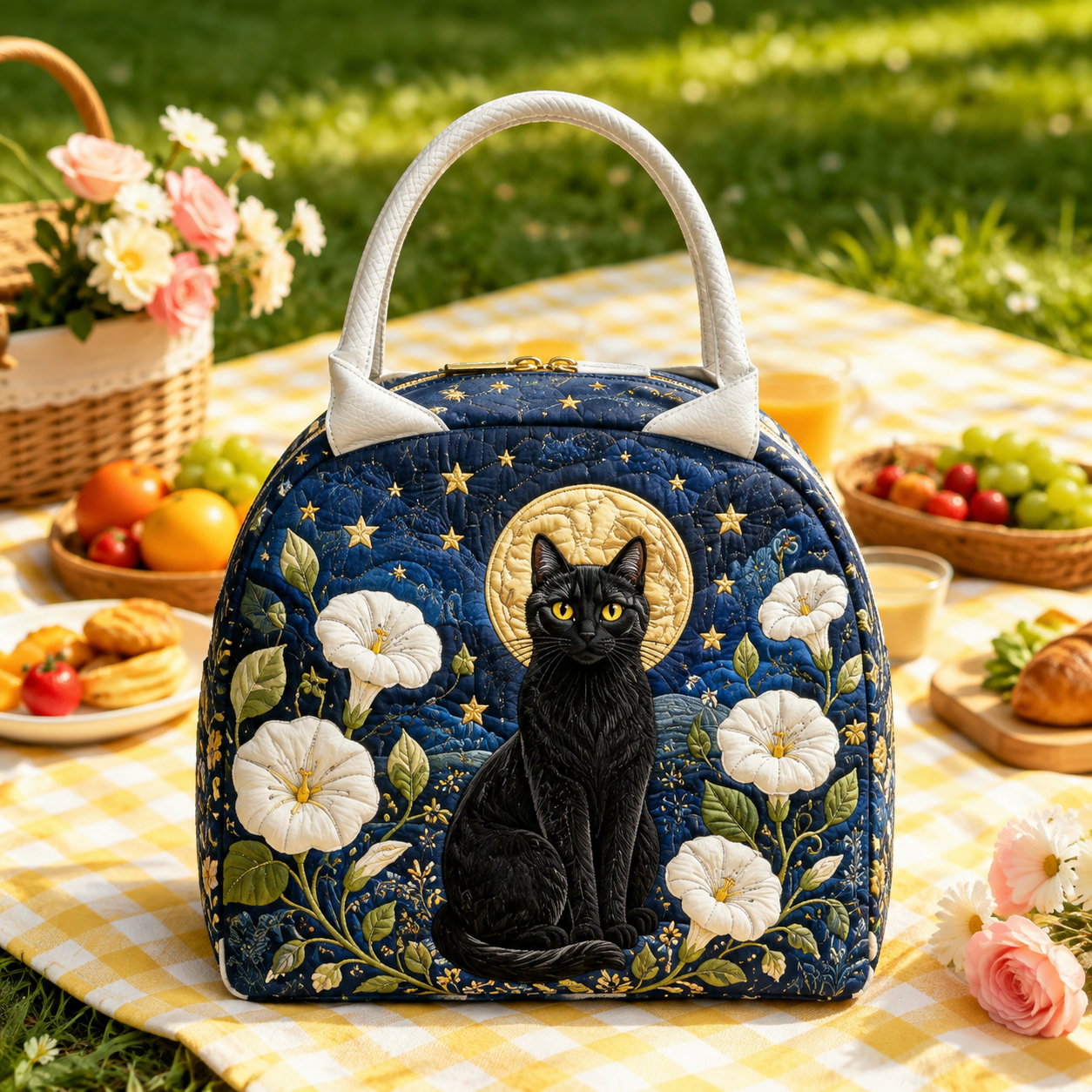 Moonlit Black Cat Floral Quilted Lunch Bag