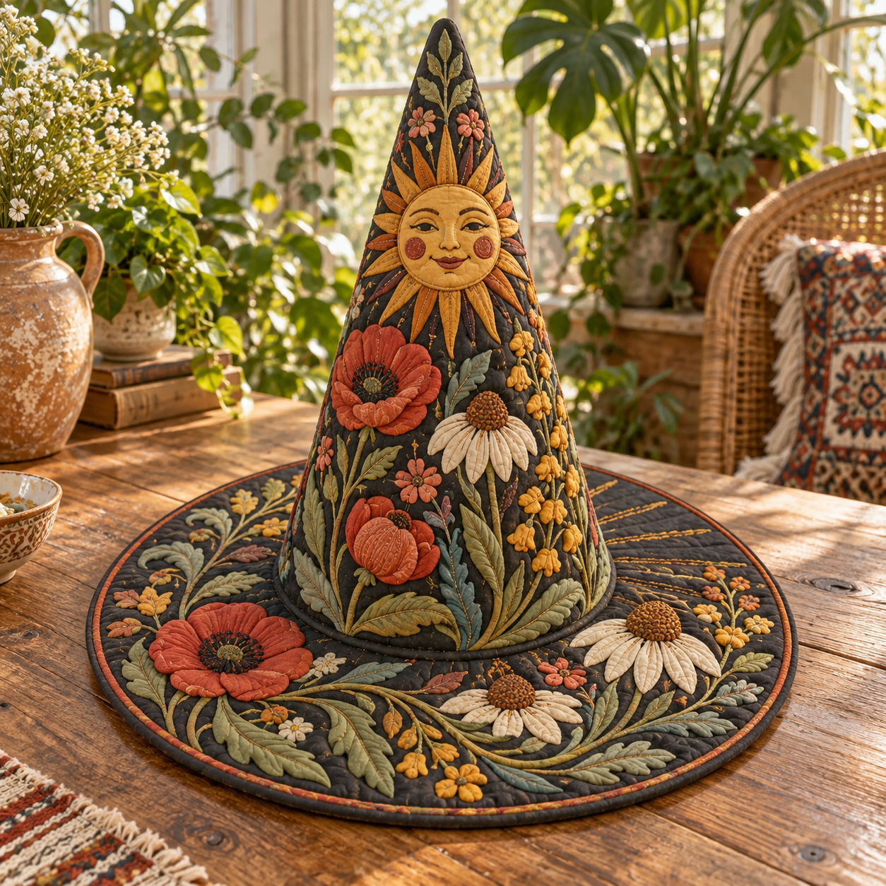 Sunflower Meadow Sun Face Quilted Witch Hat