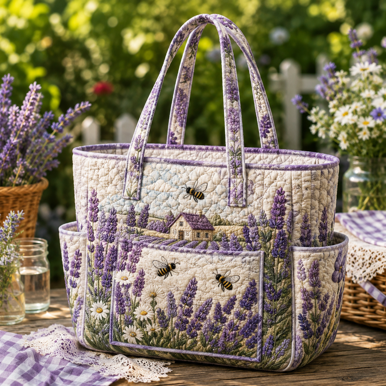 Lavender Bee Garden Multiple Pockets Quilted Tote Bag