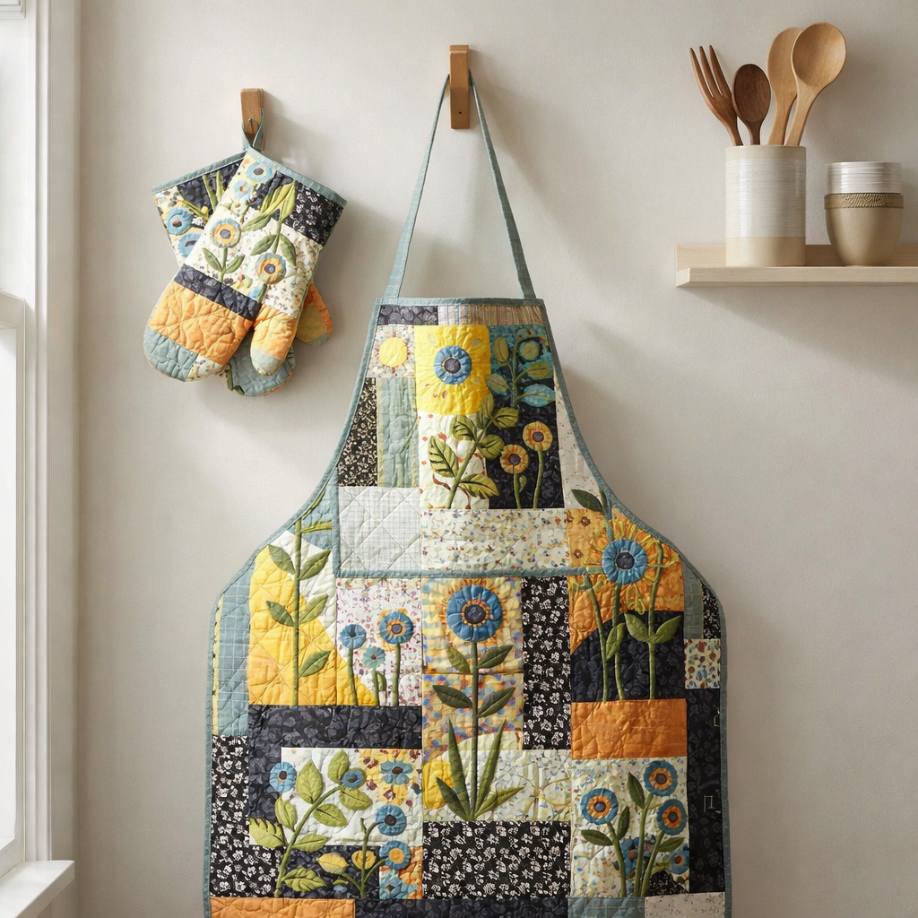 Flower Quilted Apron Set (2-Piece) – Padded Apron + Heat-Resistant Oven Mitts