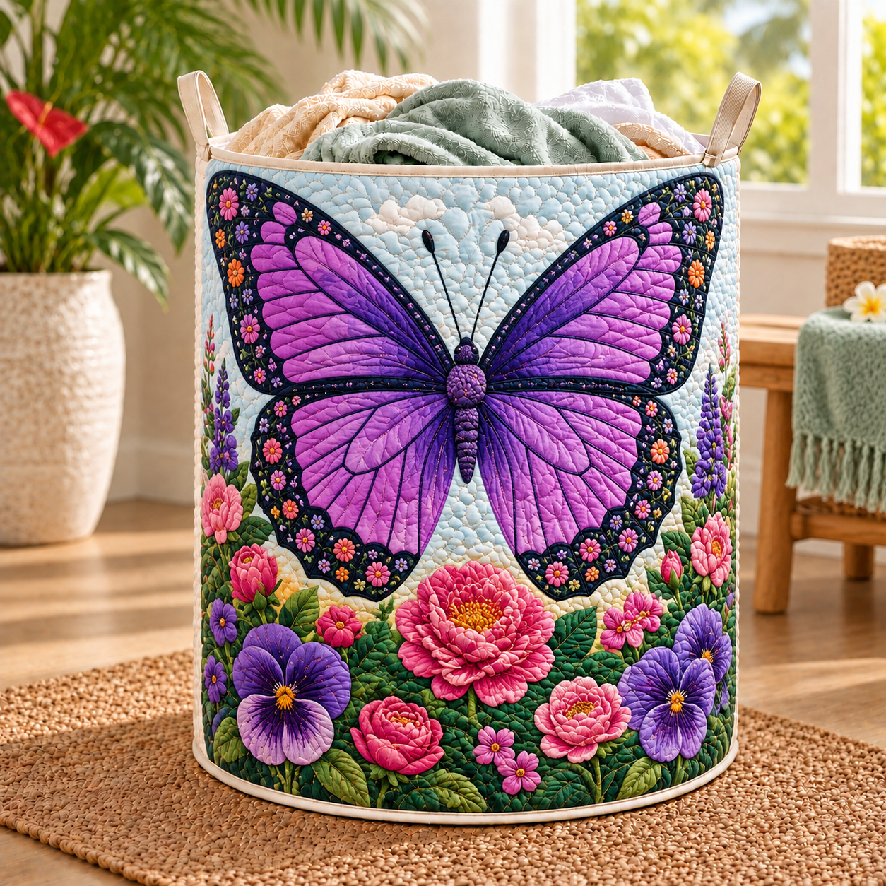 Purple Butterfly Rose Garden Quilted Laundry Basket