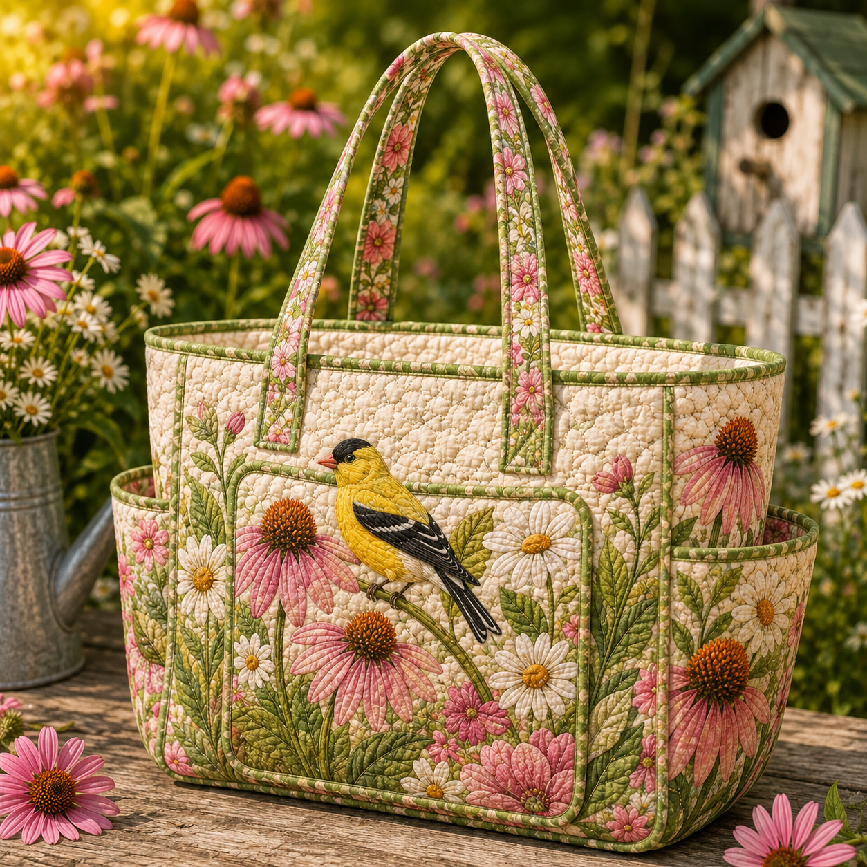 Goldfinch Coneflower Garden Multiple Pockets Quilted Tote Bag