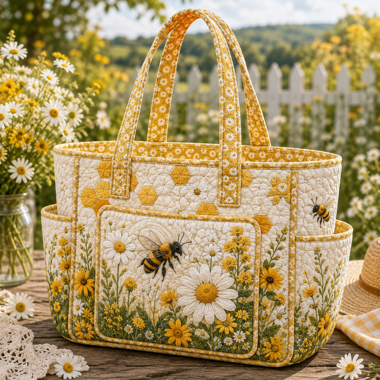 Bumblebee Daisy Garden Multiple Pockets Quilted Tote Bag