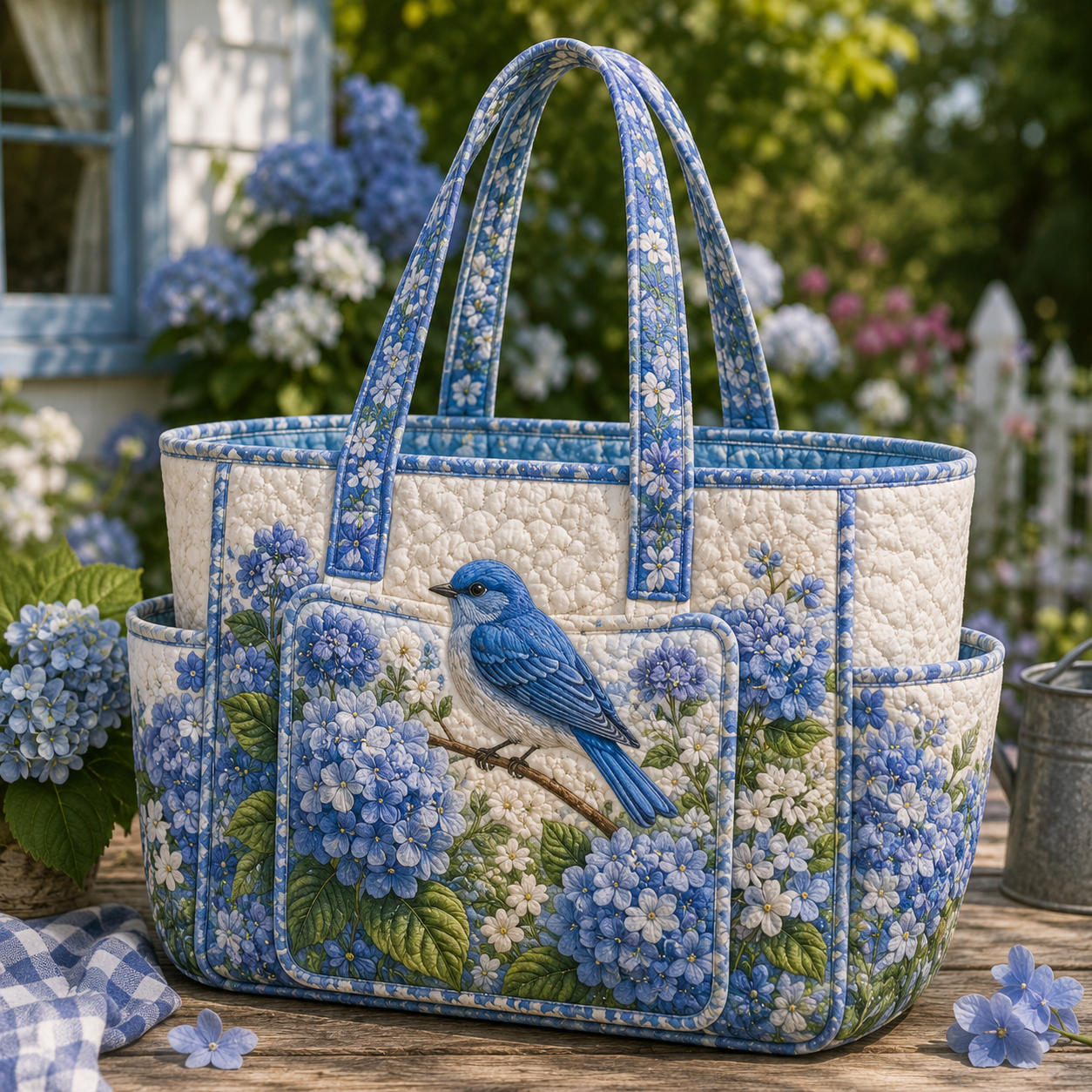 Bluebird Hydrangea Garden Multiple Pockets Quilted Tote Bag
