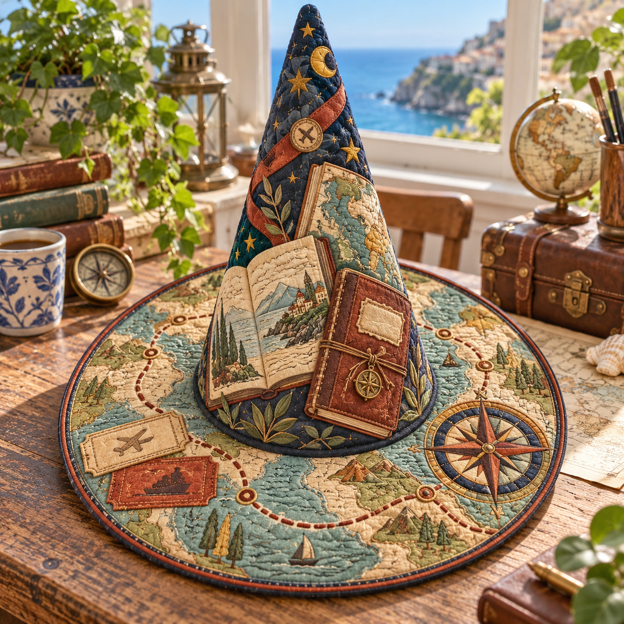 Adventure Map & Travel Books Quilted Witch Hat
