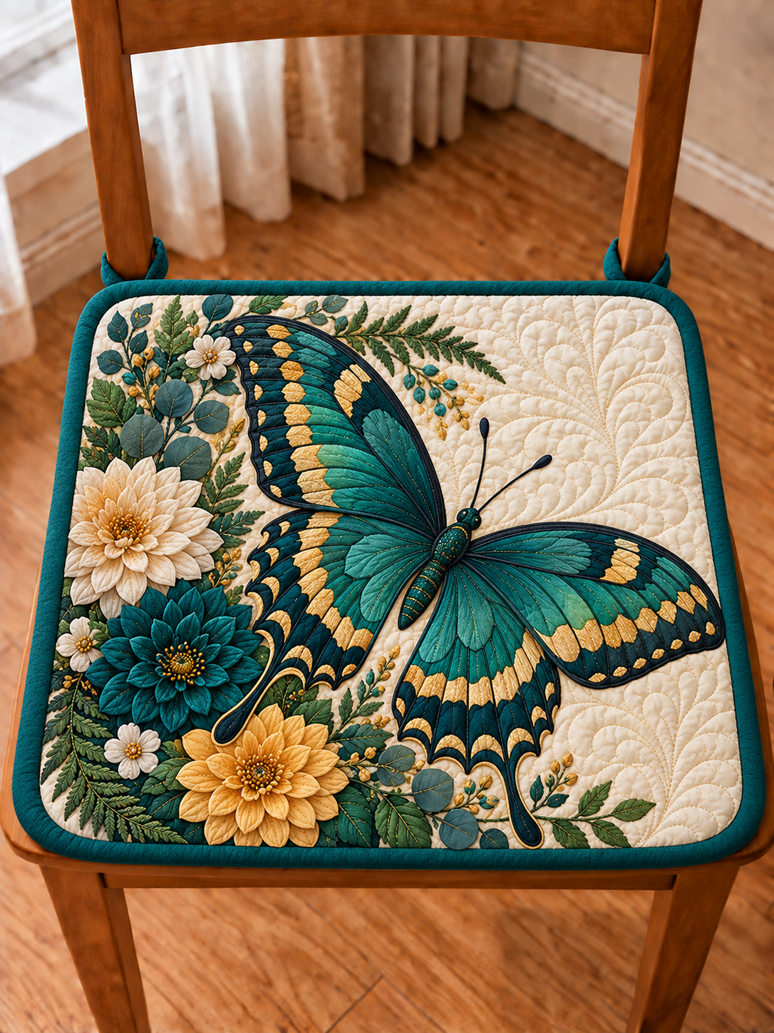 Teal Butterfly Floral Garden Quilted Chair Cushion