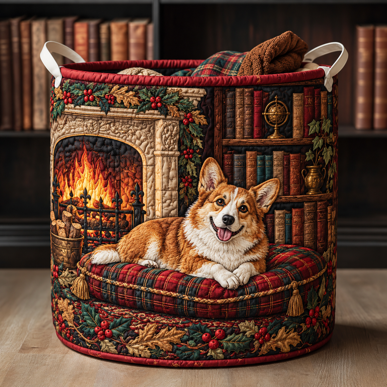 Corgi Fireplace Library Quilted Laundry Basket