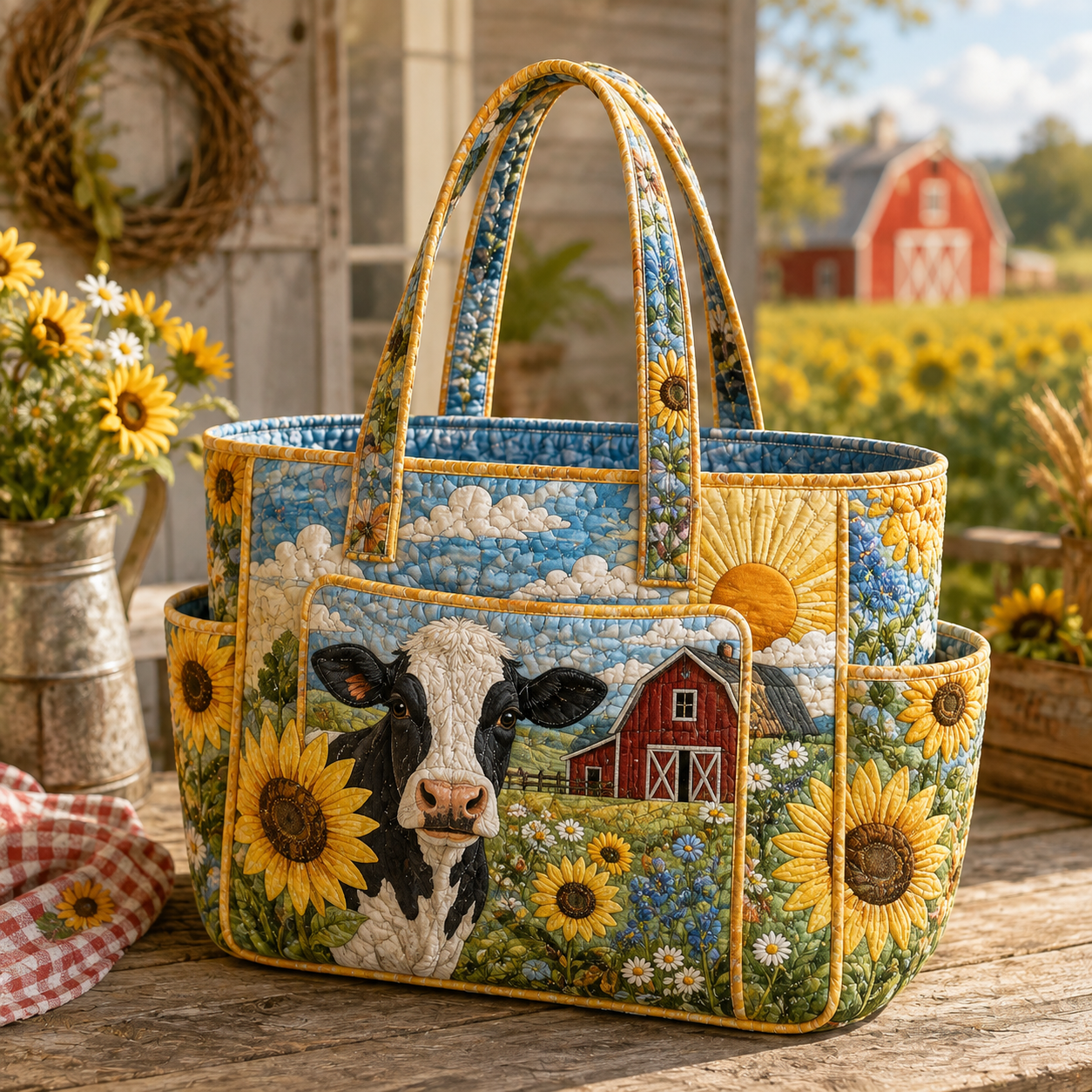 Sunflower Farm Cow Multiple Pockets Quilted Tote Bag