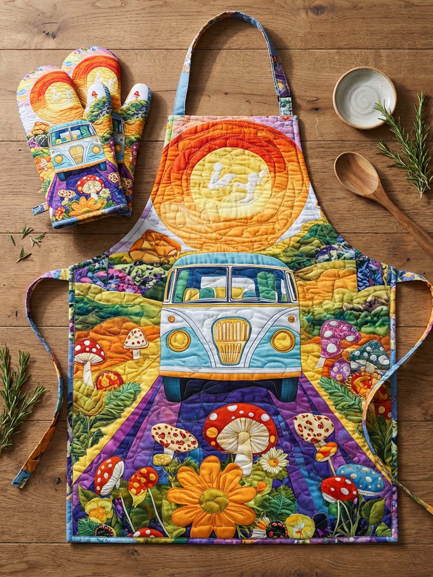 Hippie Van Quilted Apron Set (2-Piece) – Padded Apron + Heat-Resistant Oven Mitts