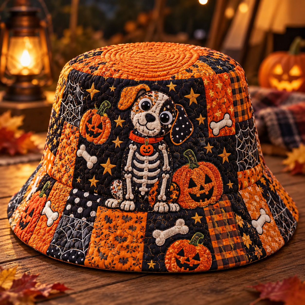 Skeleton Puppy Halloween Quilted Fishing Hat