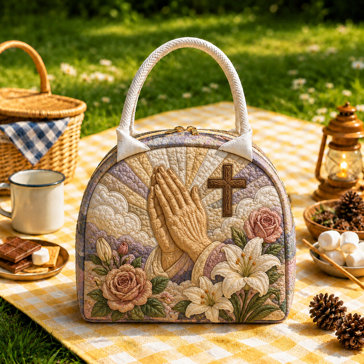 Praying Hands & Cross Quilted Lunch Bag