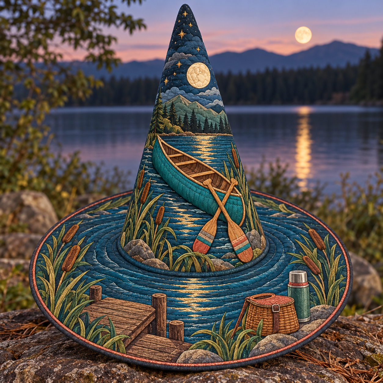Moonlit Canoe Lake Quilted Witch Hat