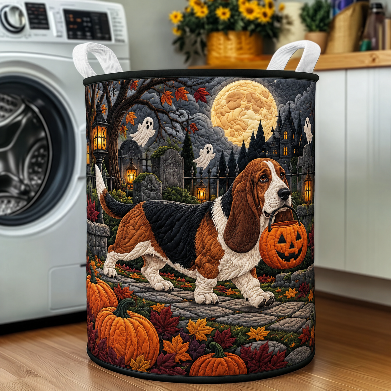 Basset Hound Haunted Night Quilted Laundry Basket