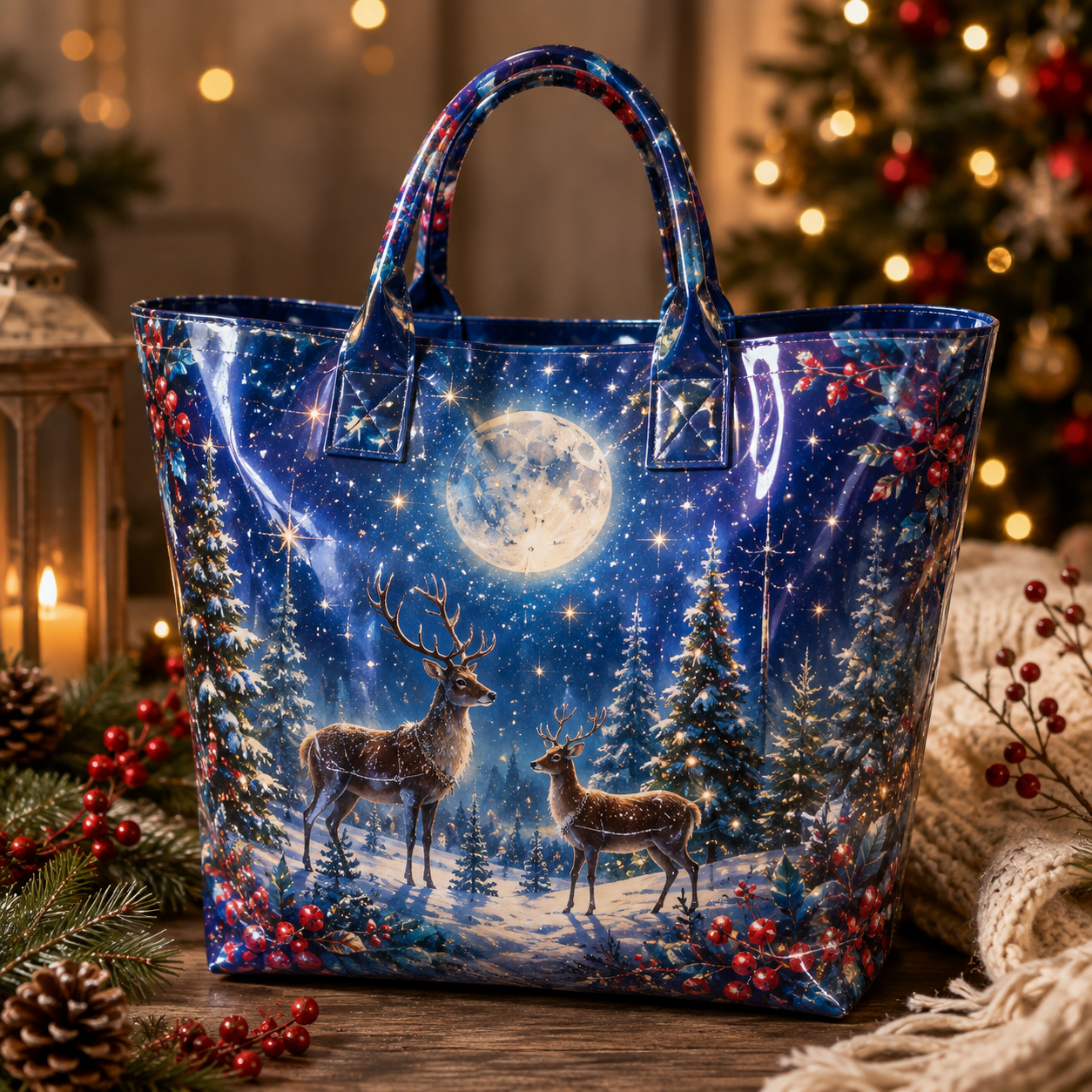 Moonlit Winter Deer Christmas PVC Tote Bag