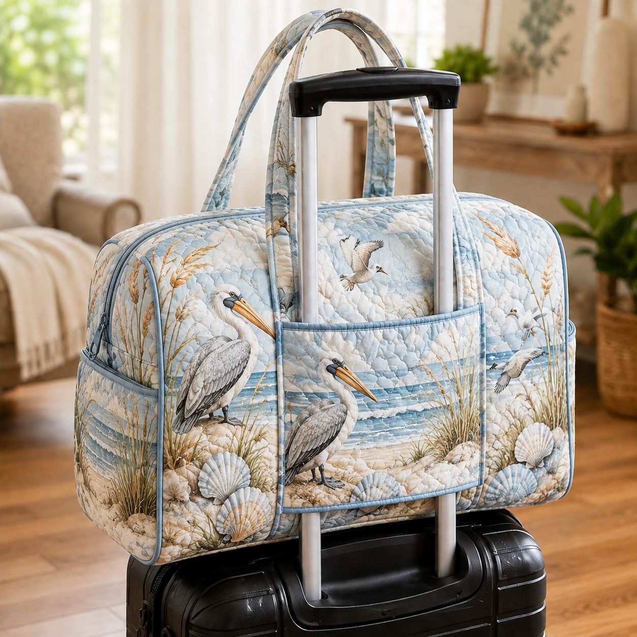 Coastal Pelican Seashell Quilted Weekender Bag With Trolley Sleeve