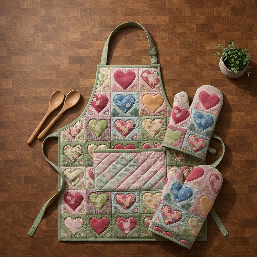 Love Heart Quilted Apron Set (2-Piece) – Padded Apron + Heat-Resistant Oven Mitts