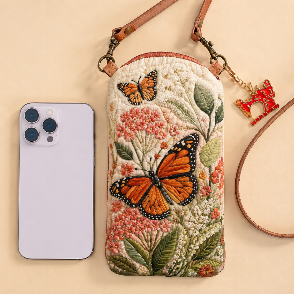 Monarch Butterfly Floral Meadow Quilted Slim Phone Crossbody Bag
