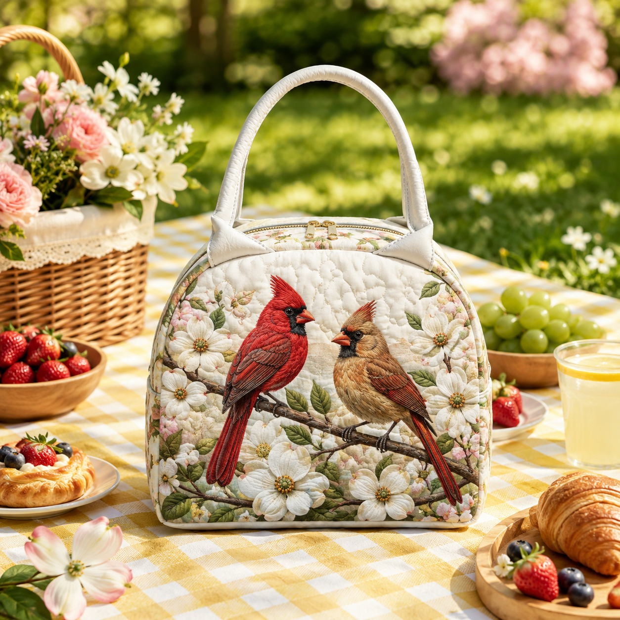 Cardinal Blossom Quilted Lunch Bag
