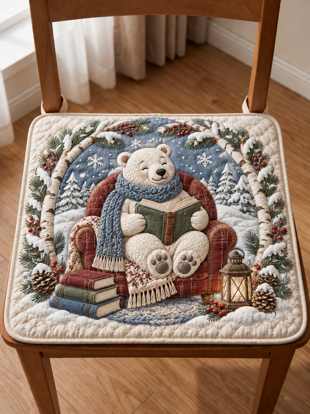 Polar Bear Winter Reading Quilted Chair Cushion