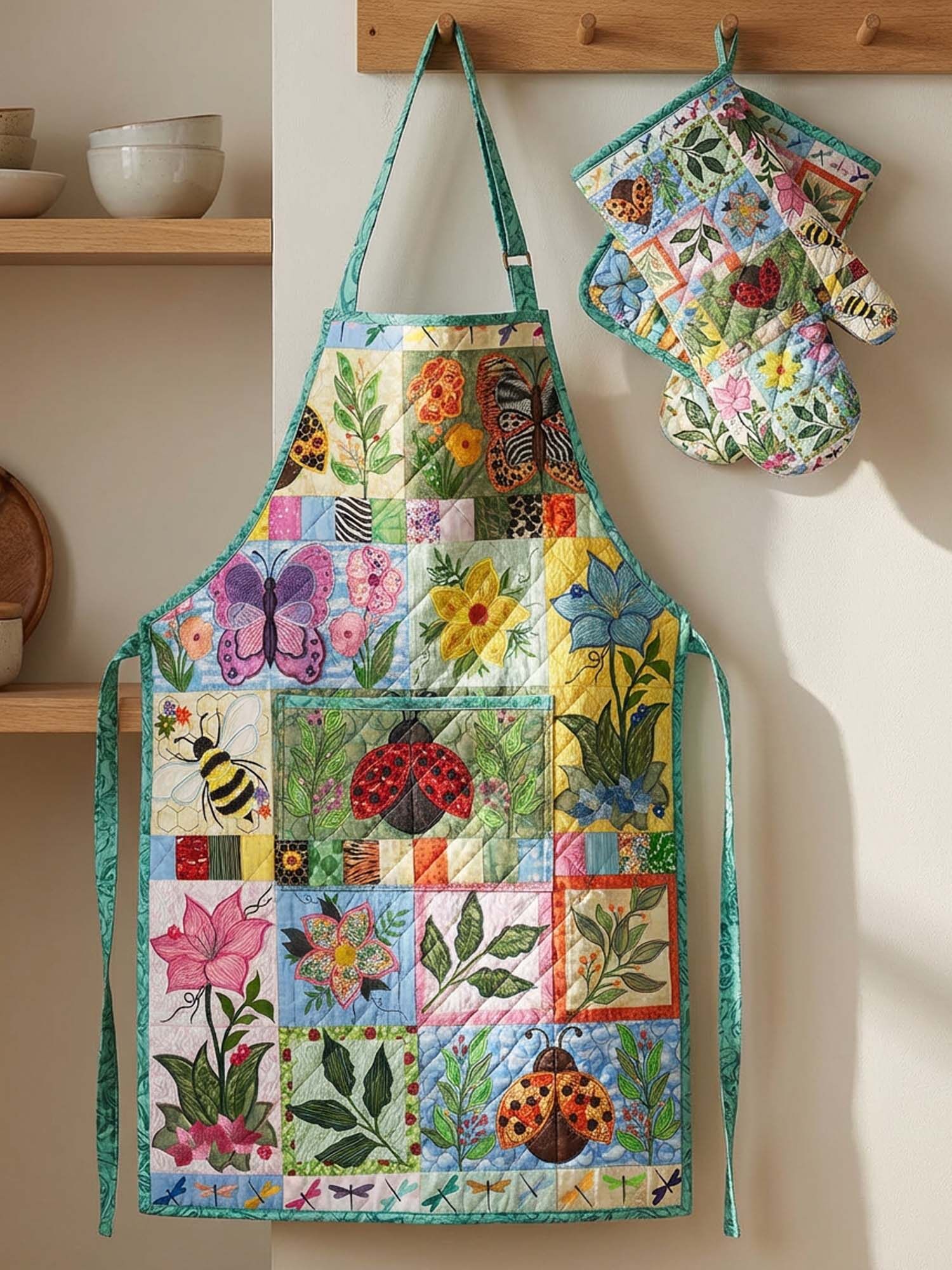 Plants And Insects Quilted Apron Set (2-Piece) – Padded Apron + Heat-Resistant Oven Mitts