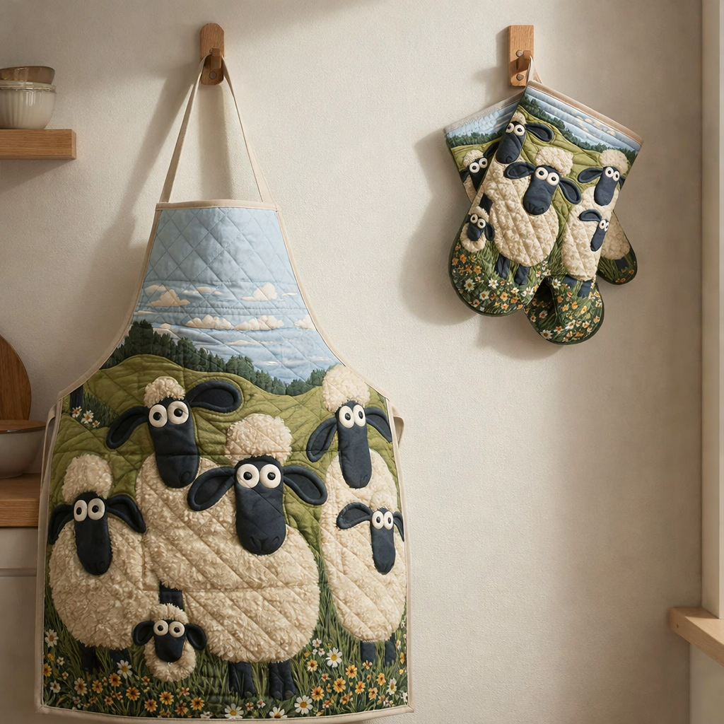 Sheep Quilted Apron Set (2-Piece) – Padded Apron + Heat-Resistant Oven Mitts