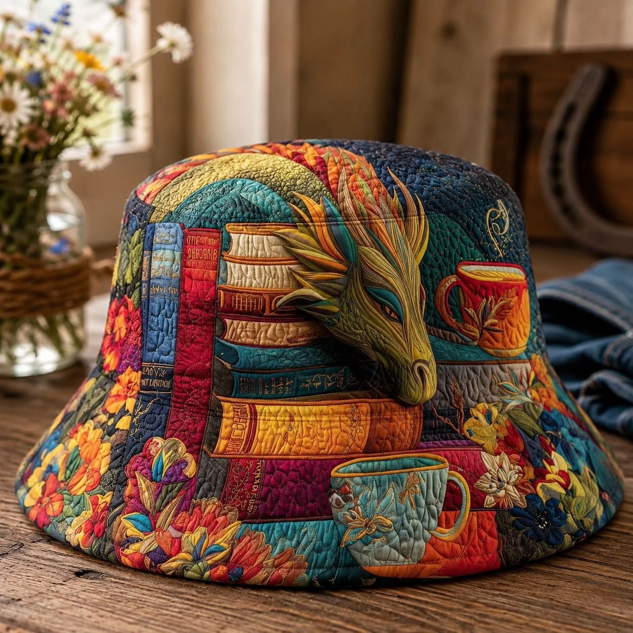Dragon Book & Floral Quilted Fishing Hat