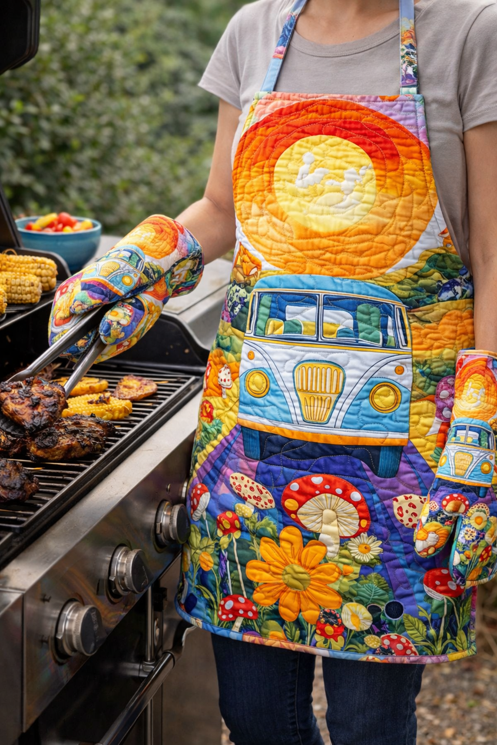 Hippie Van Quilted Apron Set (2-Piece) – Padded Apron + Heat-Resistant Oven Mitts