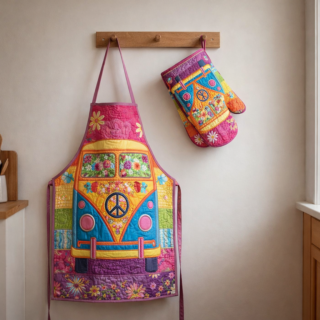 Hippie Van Quilted Apron Set (2-Piece) – Padded Apron + Heat-Resistant Oven Mitts