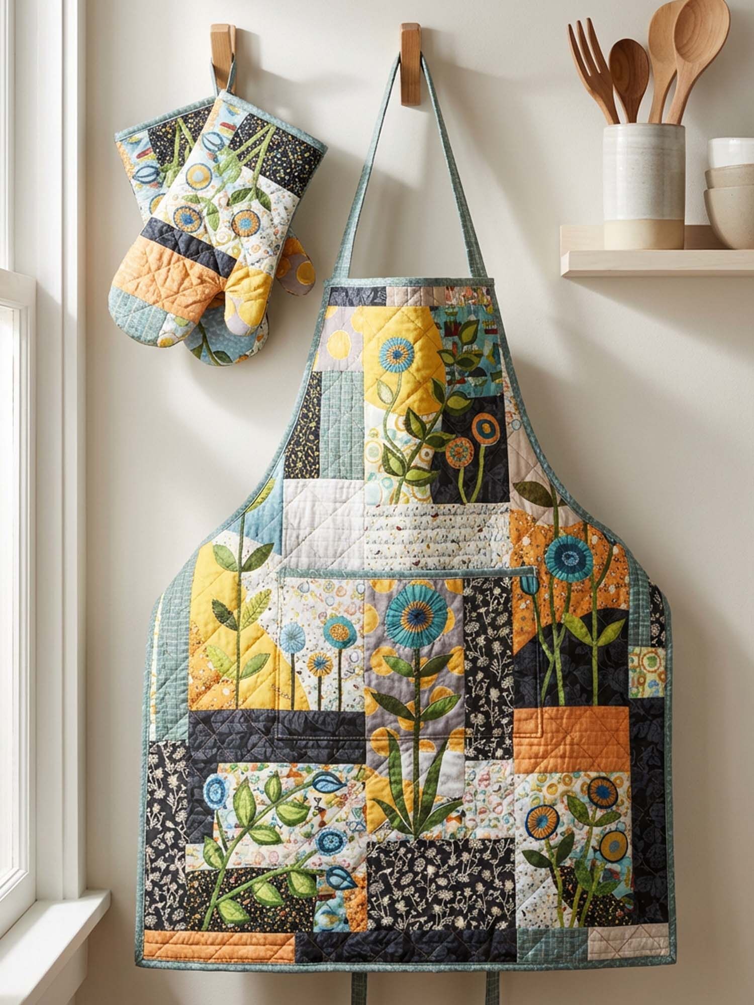 Flower Quilted Apron Set (2-Piece) – Padded Apron + Heat-Resistant Oven Mitts