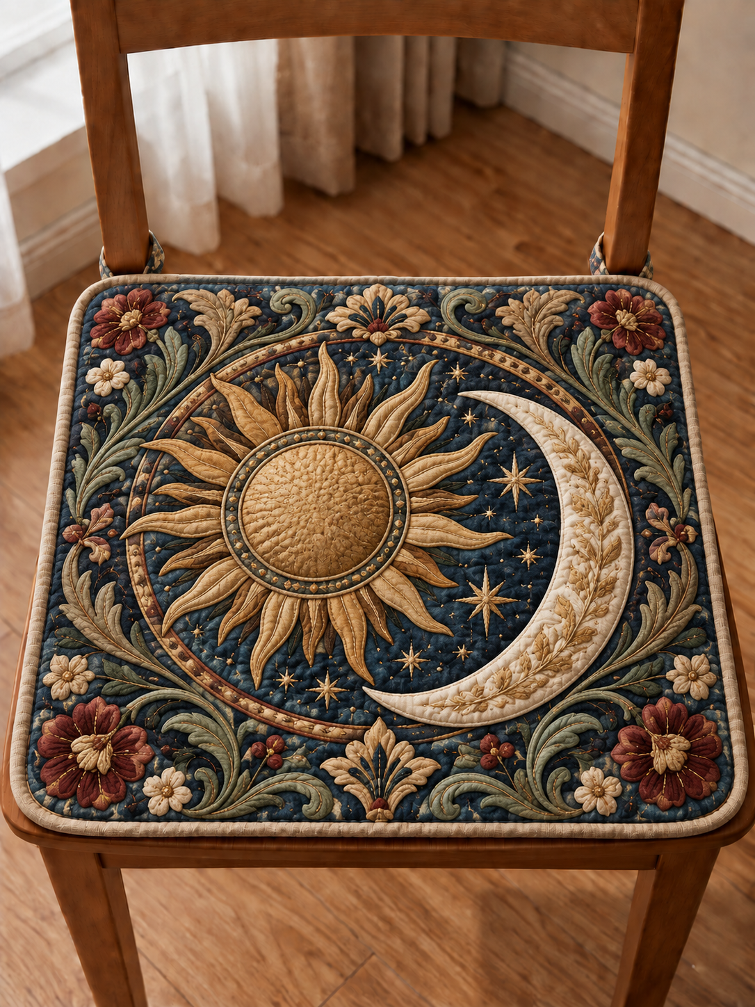Celestial Sun Moon Floral Quilted Chair Cushion