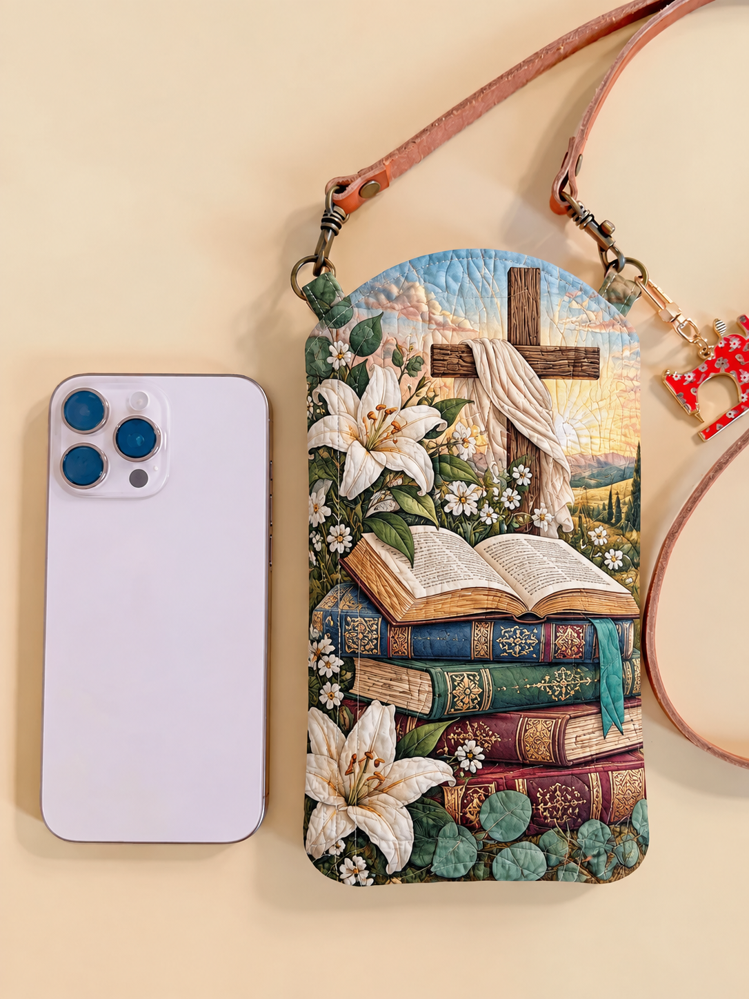 Cross, Bible & White Lilies Quilted Slim Phone Crossbody Bag