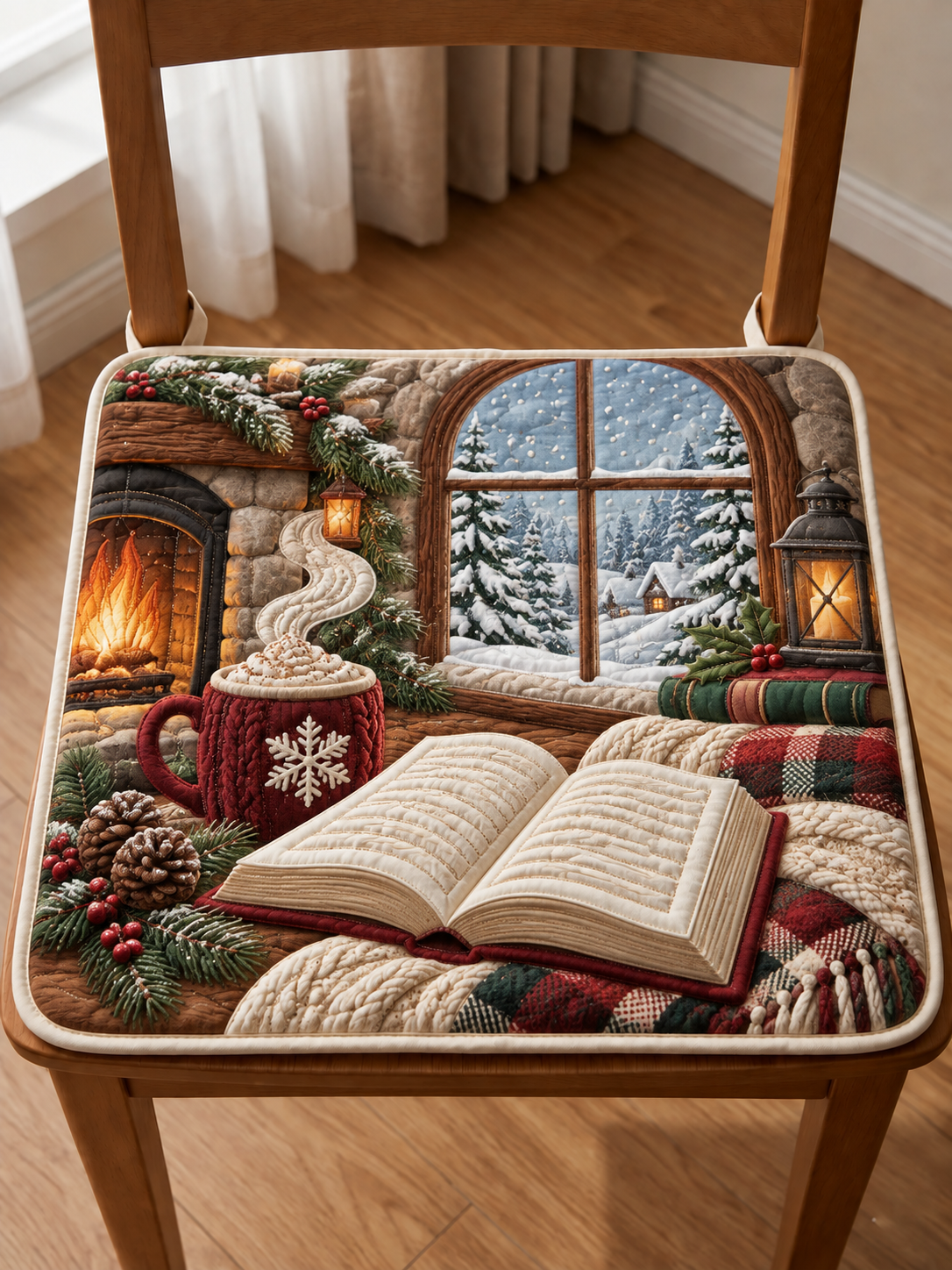 Cozy Winter Window Reading Quilted Chair Cushion