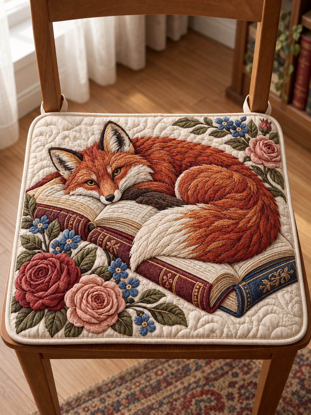 Sleeping Fox Book Bloom Quilted Chair Cushion