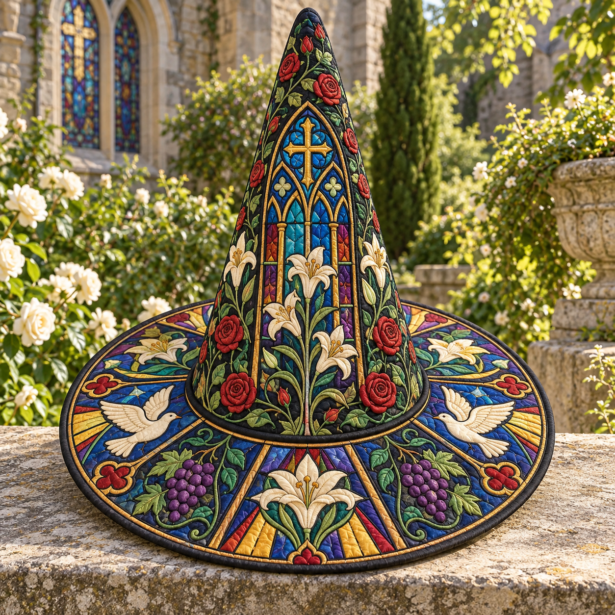 Stained Glass Cross Vineyard Quilted Witch Hat